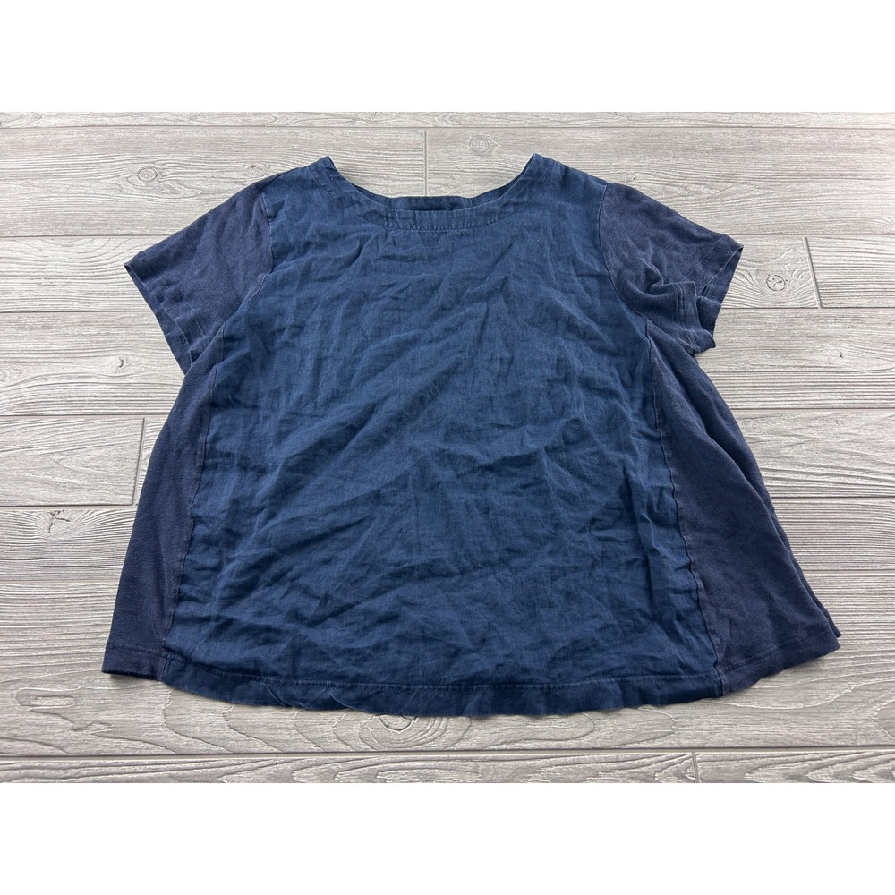 J. Jill Love Linen Navy Blue Mixed Media Knit Woven Short Sleeve Top XL RN 97641